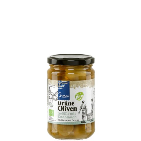 Grüne Oliven Bio mit Knoblauch gefüllt 170g Jassas GR-BIO-15