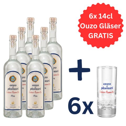 Ouzo Plomari 40% 6x 0,7l + 6 Gläser GRATIS Arvanitis
